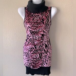 FAVORI Y2K Bold Leopard Print Velvet Ruched Turtleneck Boho Dress Size 8